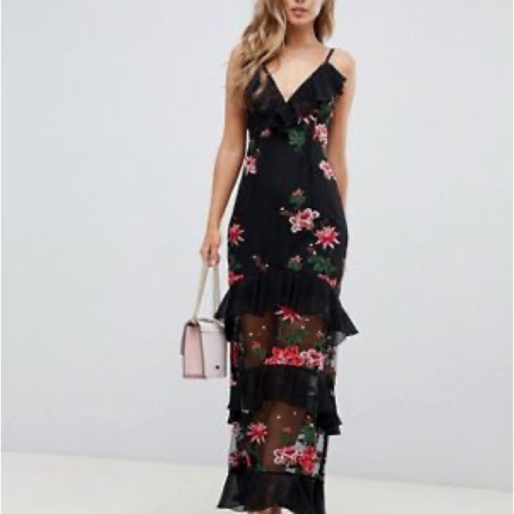 Embroidered Floral Black Maxi Dress
